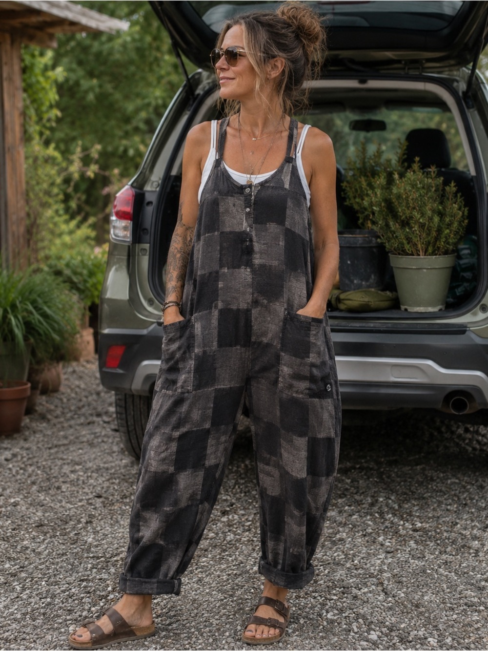 MADEPANTS Viral TikTok Avant Check Jumpsuit Artsy Boho Utility Romper Size XS